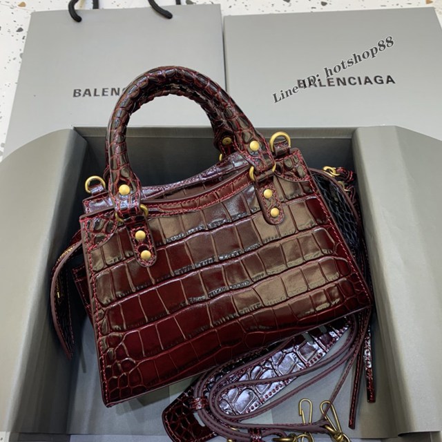 Balenciaga專櫃爆款鱷魚紋棗紅金扣手袋手提包 638512 巴黎世家小號Neo Classic機車包 fyj1447